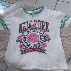 Kids White 'New York' Graphic Tee with Pink Roses and Green Trim